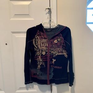 Hooded jacket from Buckle, black, cool design & bling on front; ribbed sleeves.